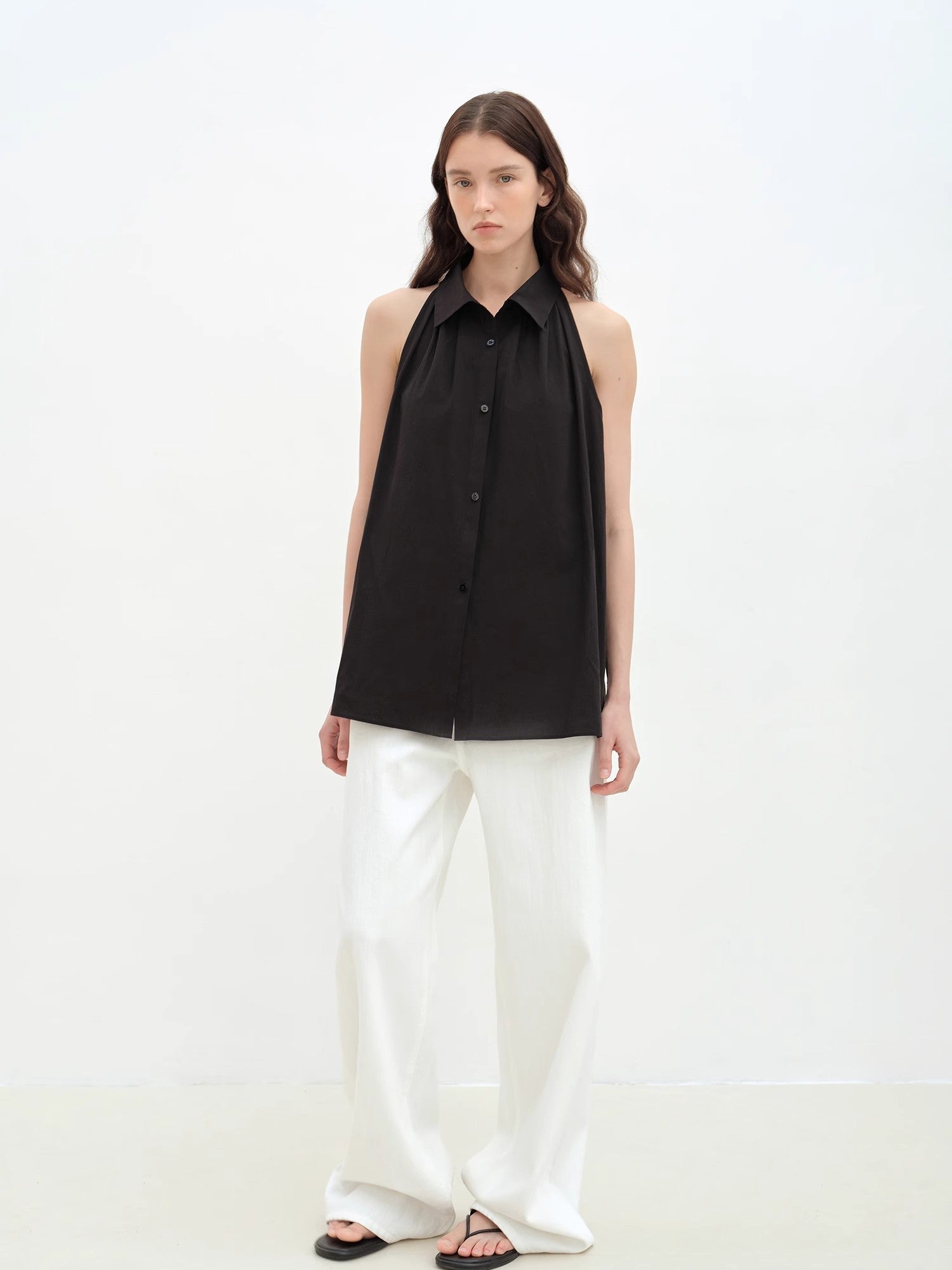 "Poland Island" imported pure cotton stand - up collar sleeveless striped shirt temperament top for women - variant_title