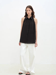 "Poland Island" imported pure cotton stand - up collar sleeveless striped shirt temperament top for women - variant_title