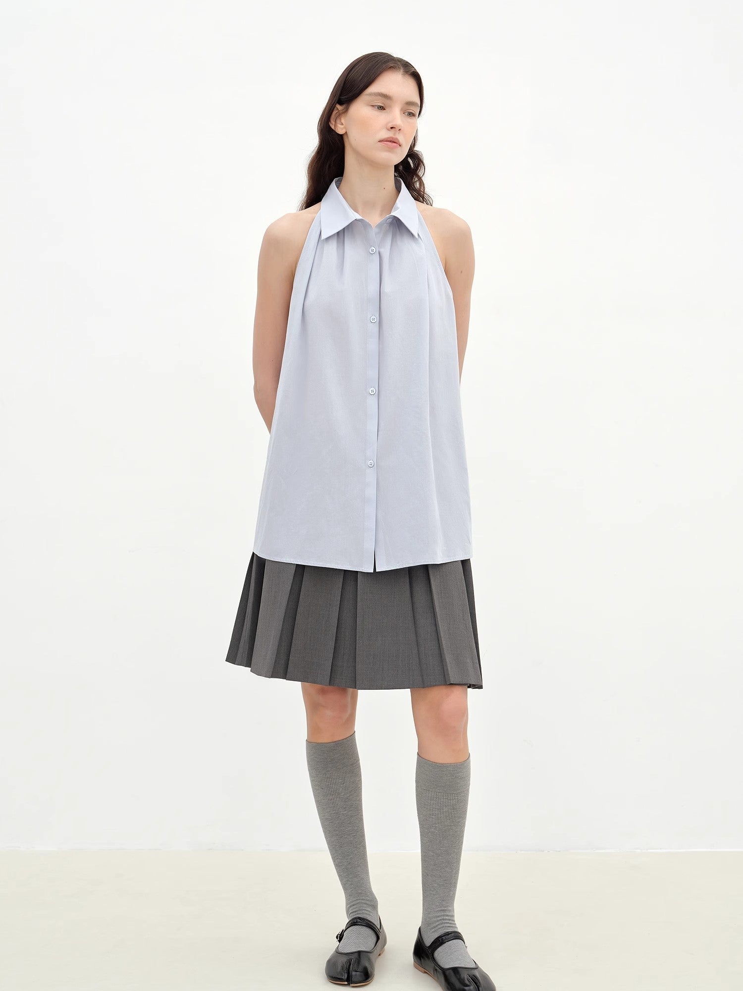 "Poland Island" imported pure cotton stand - up collar sleeveless striped shirt temperament top for women - variant_title