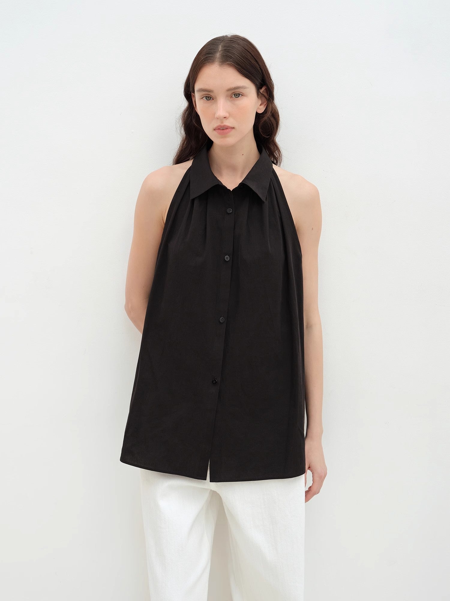 "Poland Island" imported pure cotton stand - up collar sleeveless striped shirt temperament top for women - variant_title