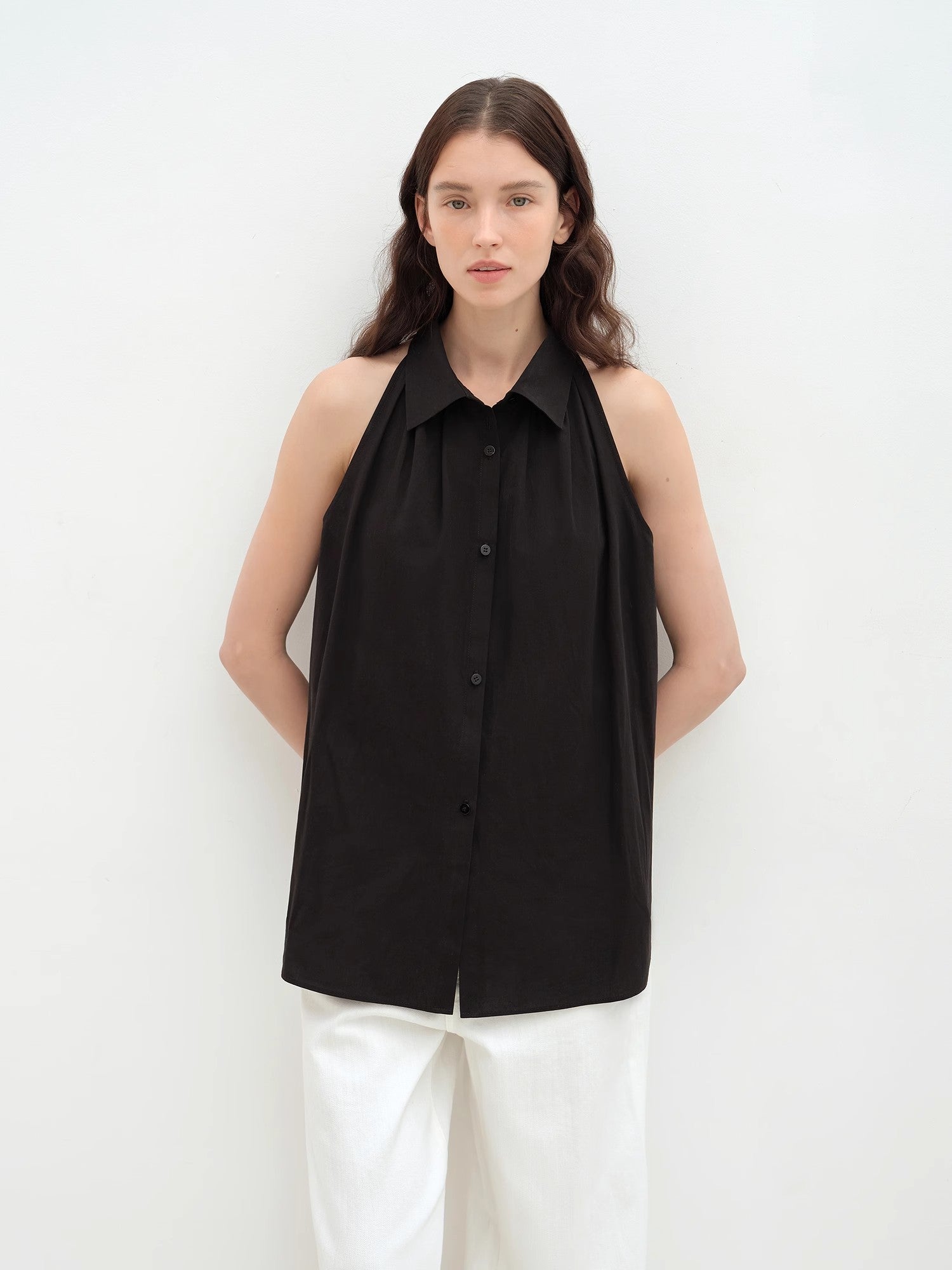 "Poland Island" imported pure cotton stand - up collar sleeveless striped shirt temperament top for women - variant_title