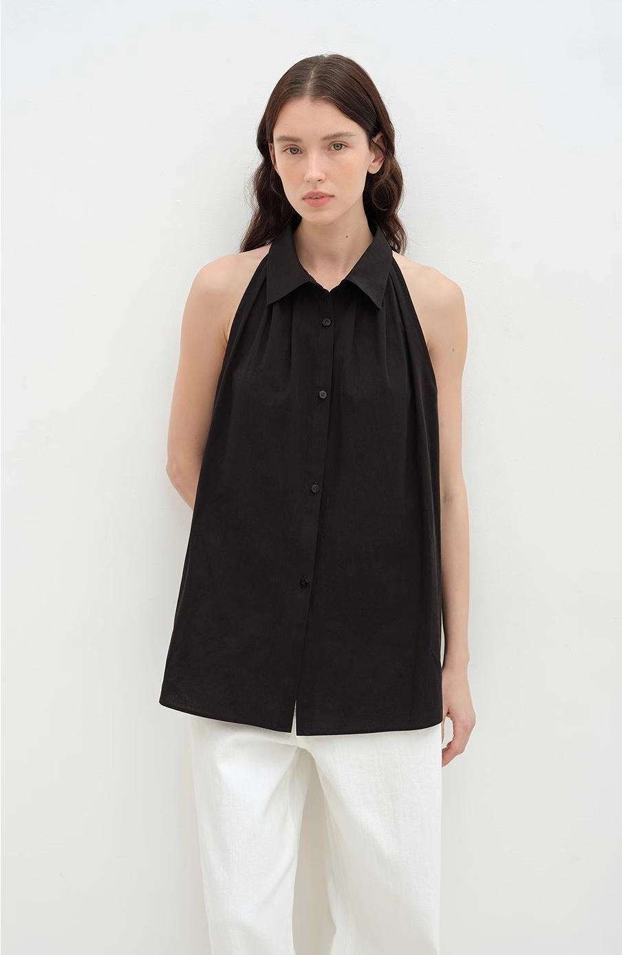 "Poland Island" imported pure cotton stand - up collar sleeveless striped shirt temperament top for women - variant_title