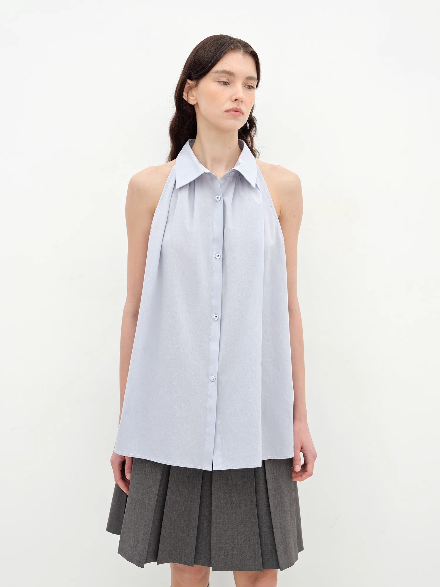 "Poland Island" imported pure cotton stand - up collar sleeveless striped shirt temperament top for women - variant_title
