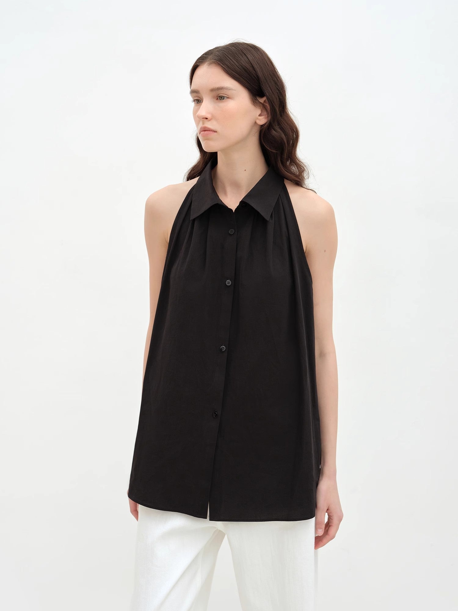"Poland Island" imported pure cotton stand - up collar sleeveless striped shirt temperament top for women - variant_title