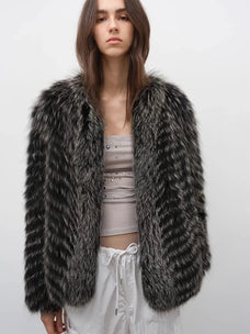 Model wearing Polar Night Star Black and White fox fur coat, front view