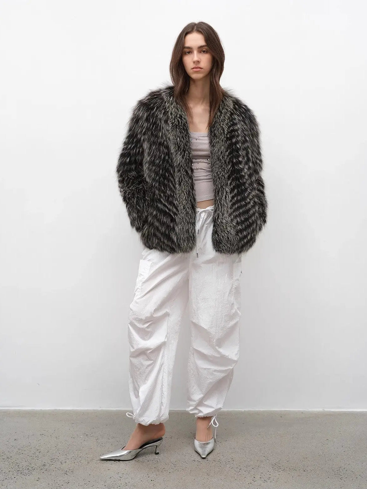 Polar Night Star Black and White fox fur coat, full-length model view