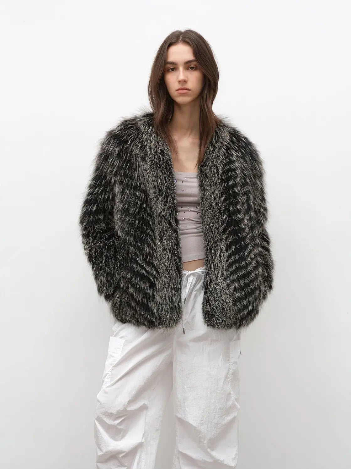Polar Night Star Black and White fox fur coat, three-quarter model view