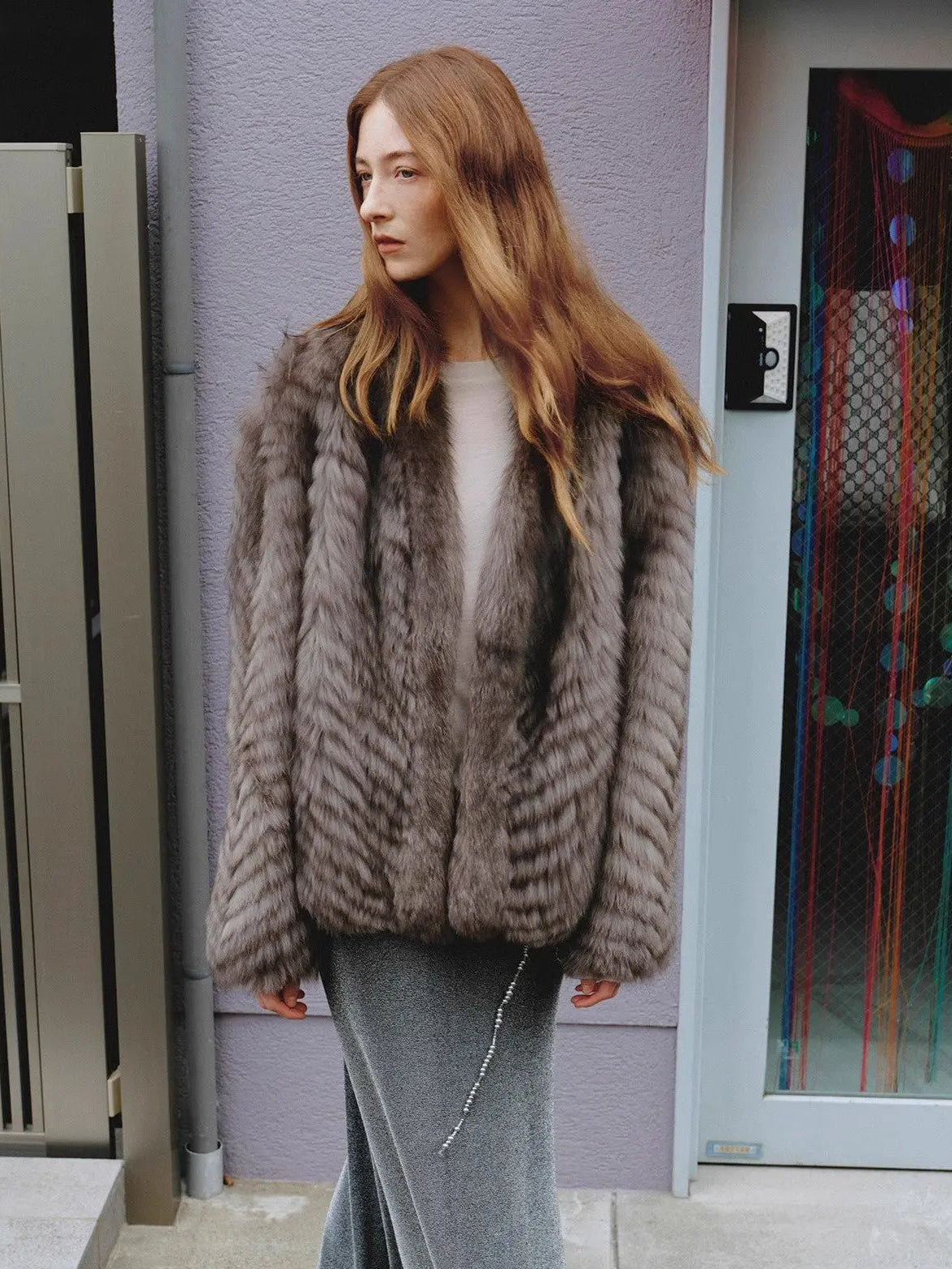 Polar Night Star Gray Brown fox fur coat, close model view