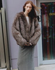 Polar Night Star Gray Brown fox fur coat in an outdoor setting, front view