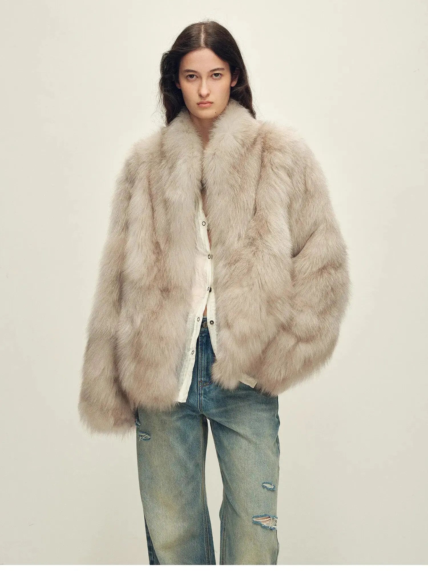 Model wearing Polar Snow Apricot Coffee fox fur coat, front view
