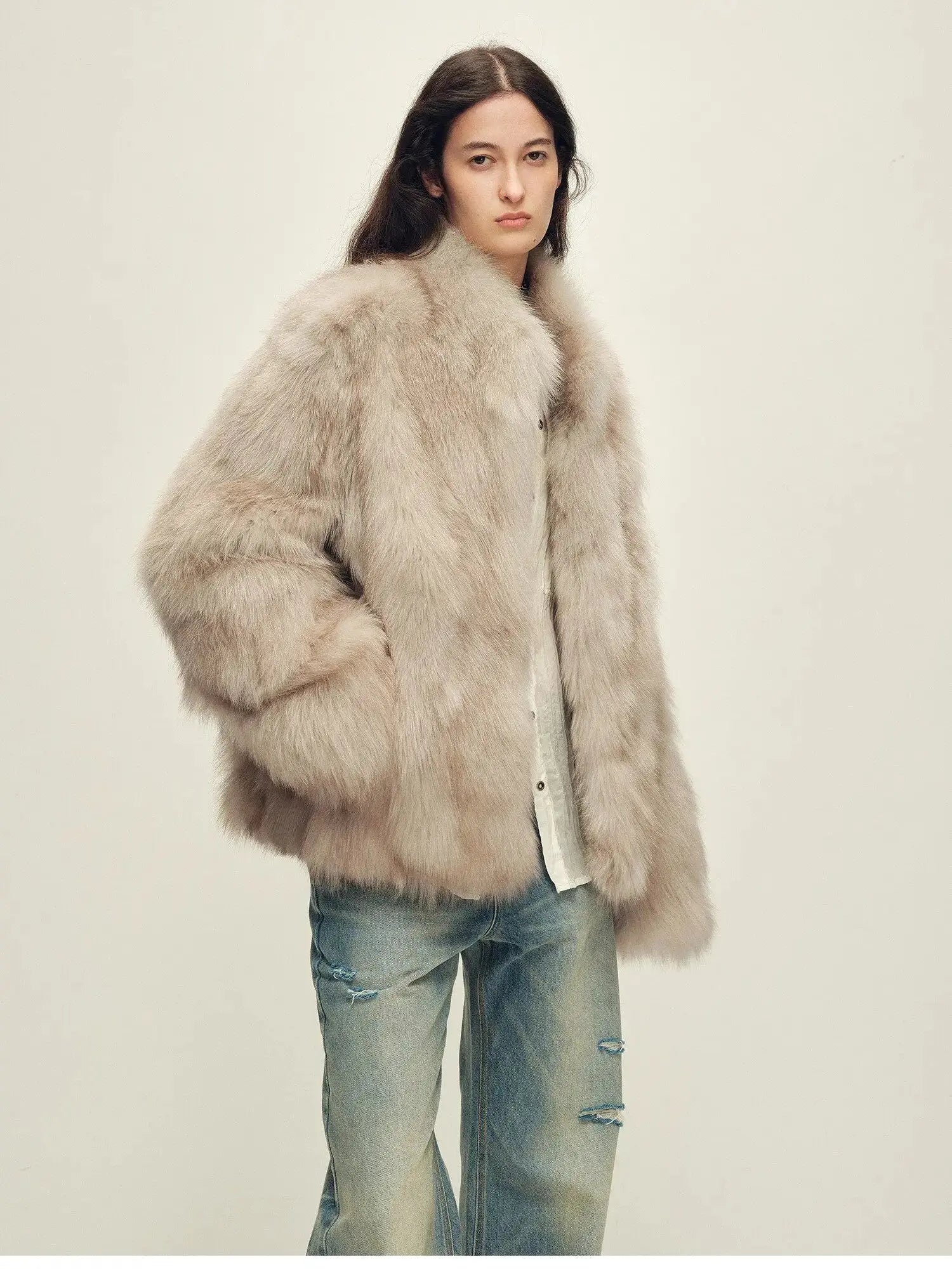 Polar Snow Apricot Coffee fox fur coat, three-quarter model view