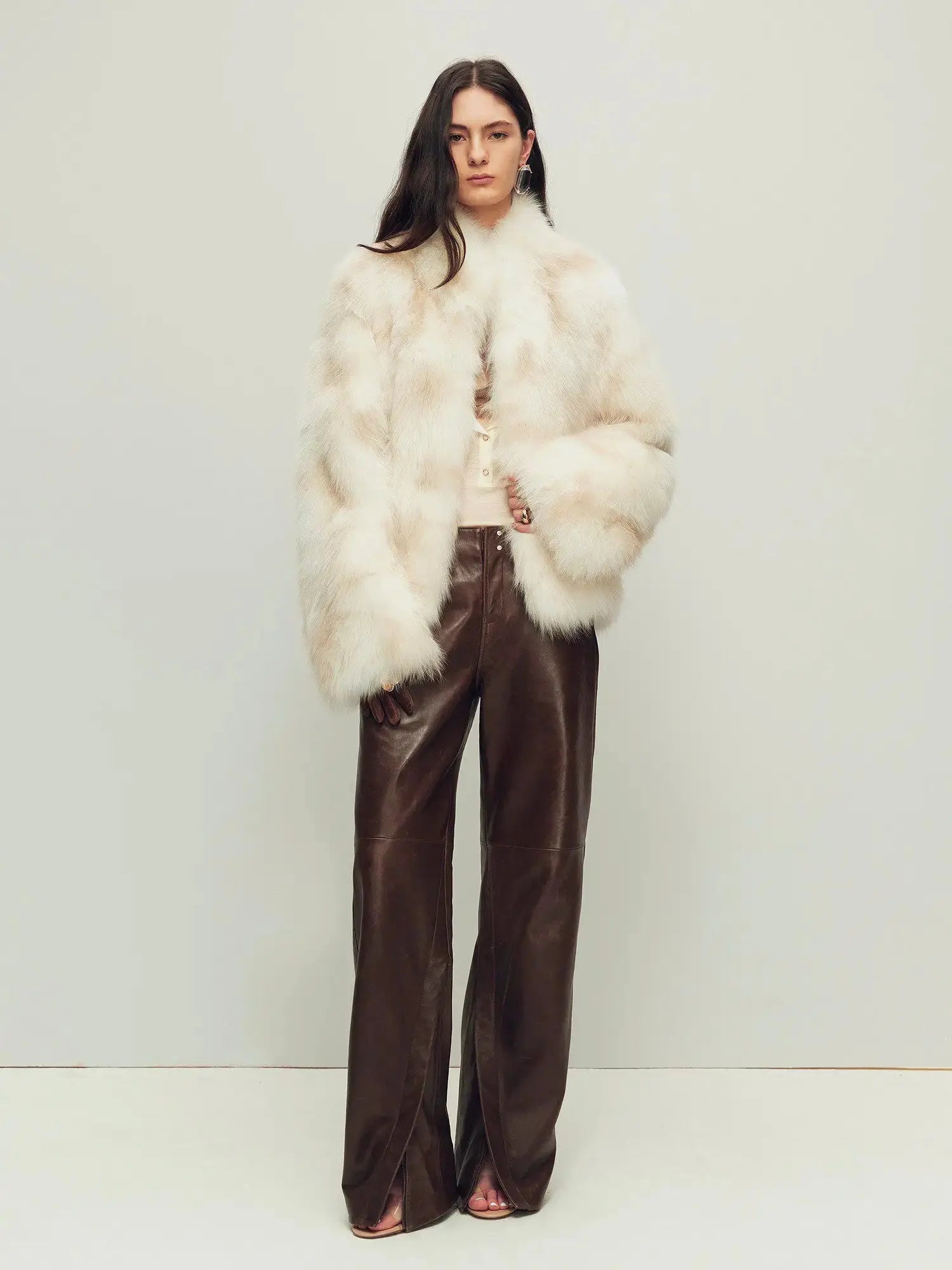 Polar Snow Apricot fox fur coat, full-length model view