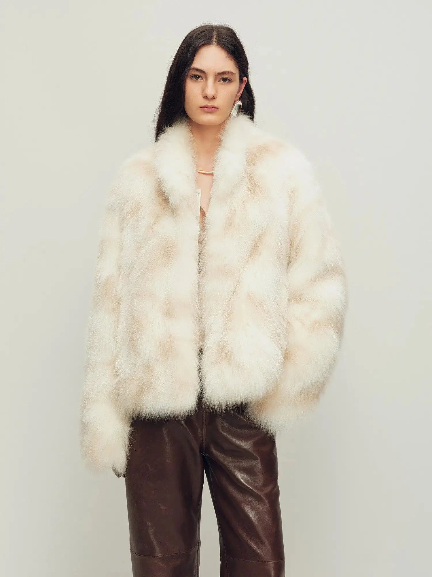 Model wearing Polar Snow Apricot fox fur coat, front view