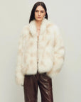 Model wearing Polar Snow Apricot fox fur coat, front view