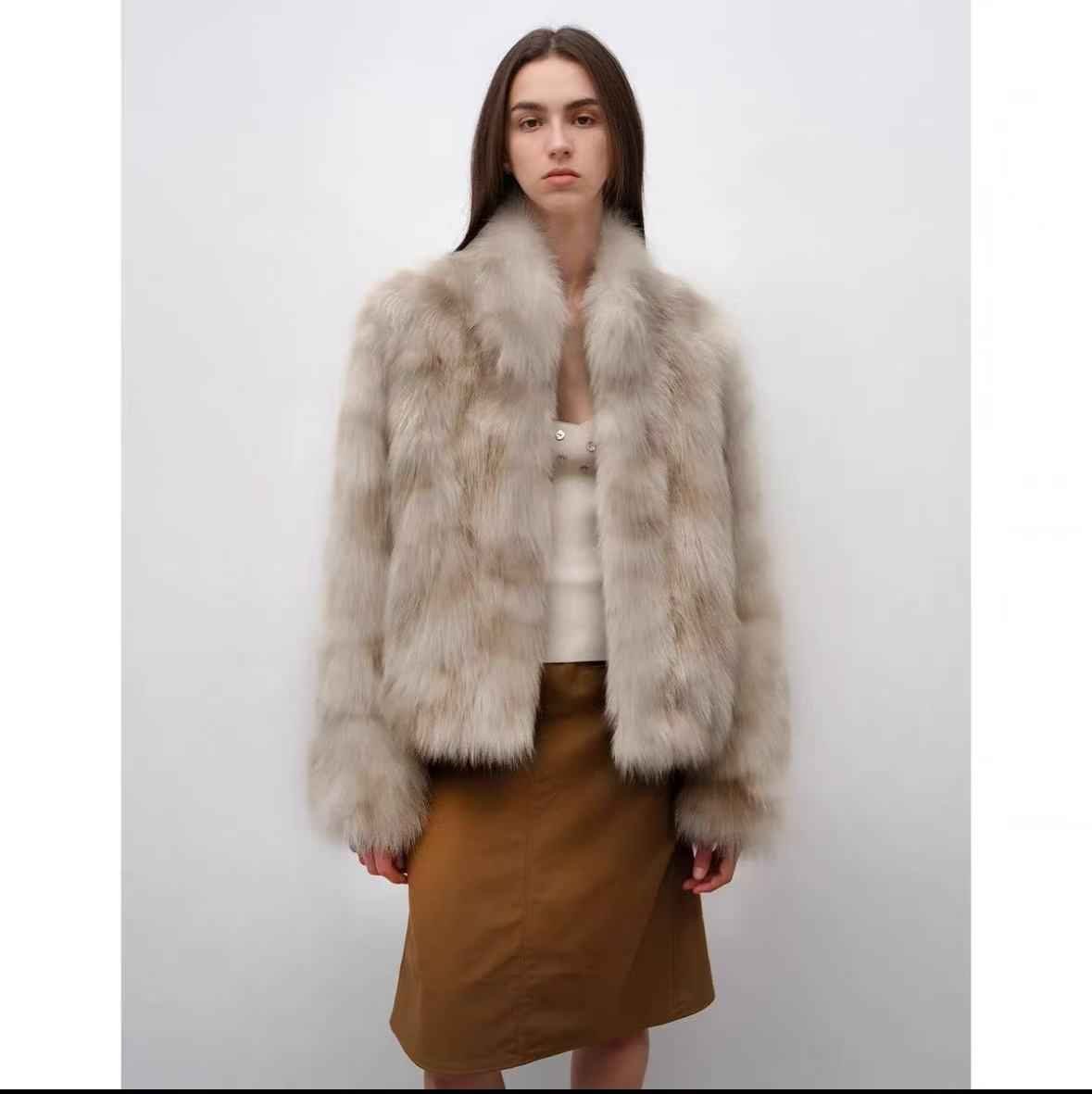 Polar Snow Casual Handmade Swoosh Printed Stand Up Lapel Fox Fur Coat - variant_title