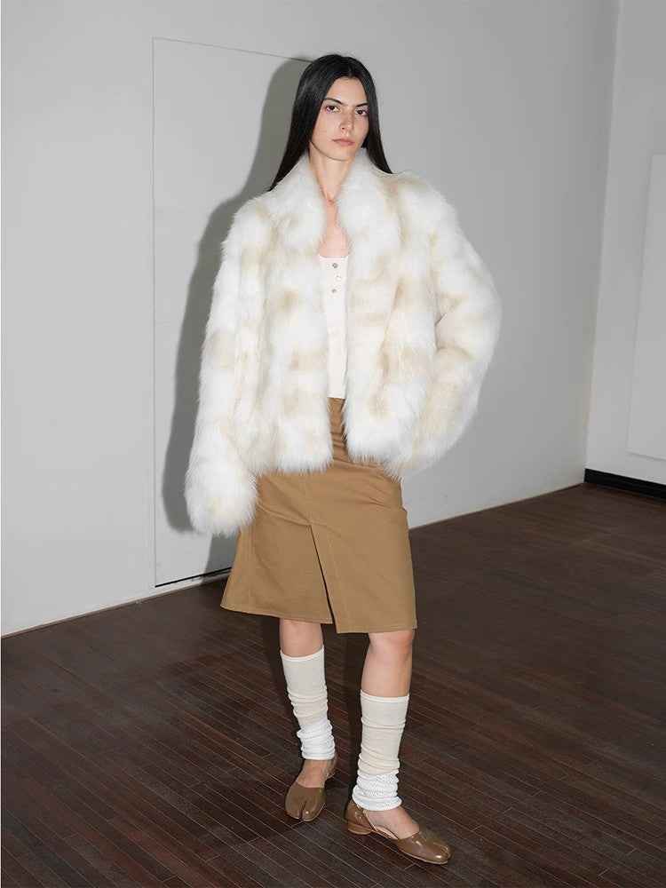 Polar Snow Casual Handmade Swoosh Printed Stand Up Lapel Fox Fur Coat - variant_title