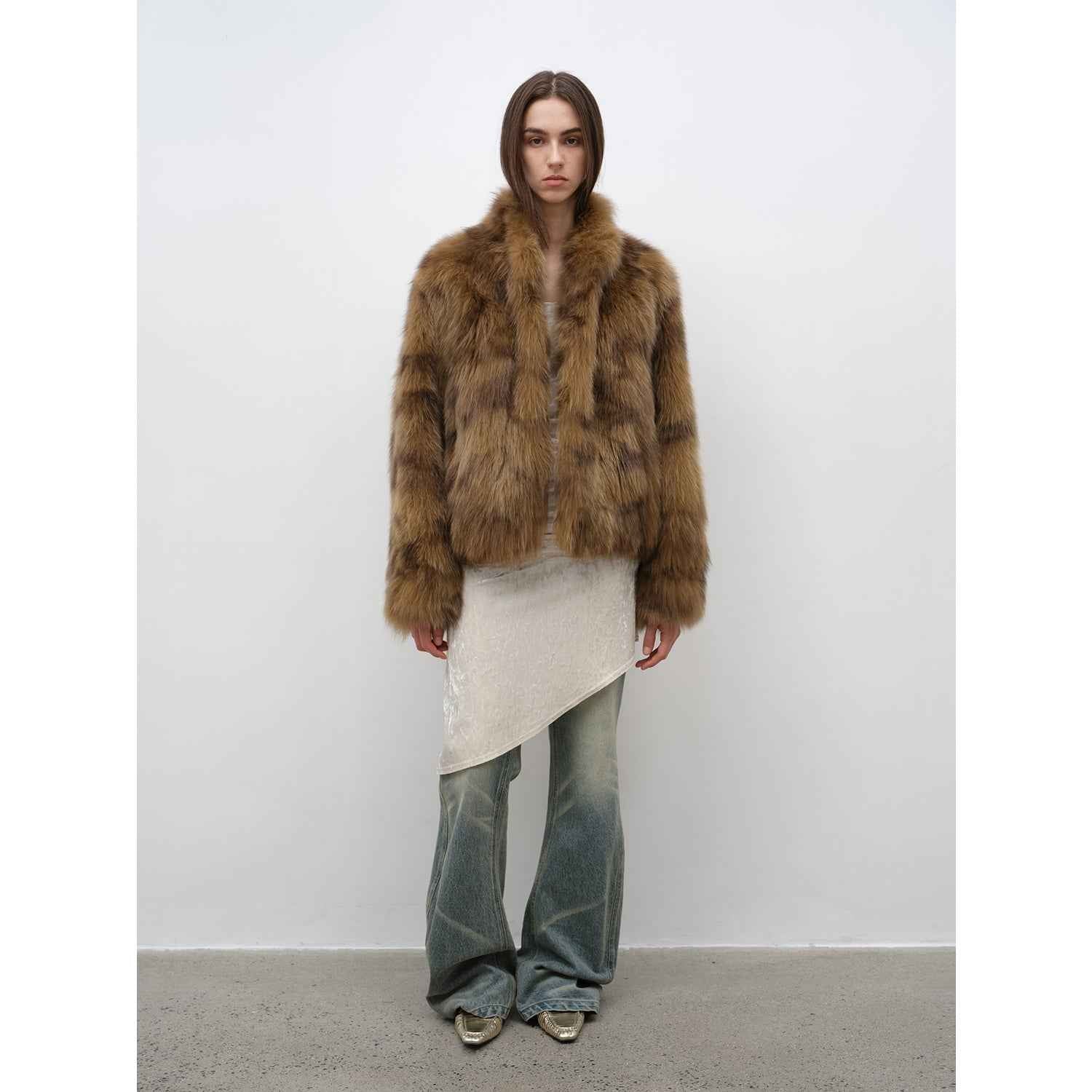 Polar Snow Casual Handmade Swoosh Printed Stand Up Lapel Fox Fur Coat - variant_title