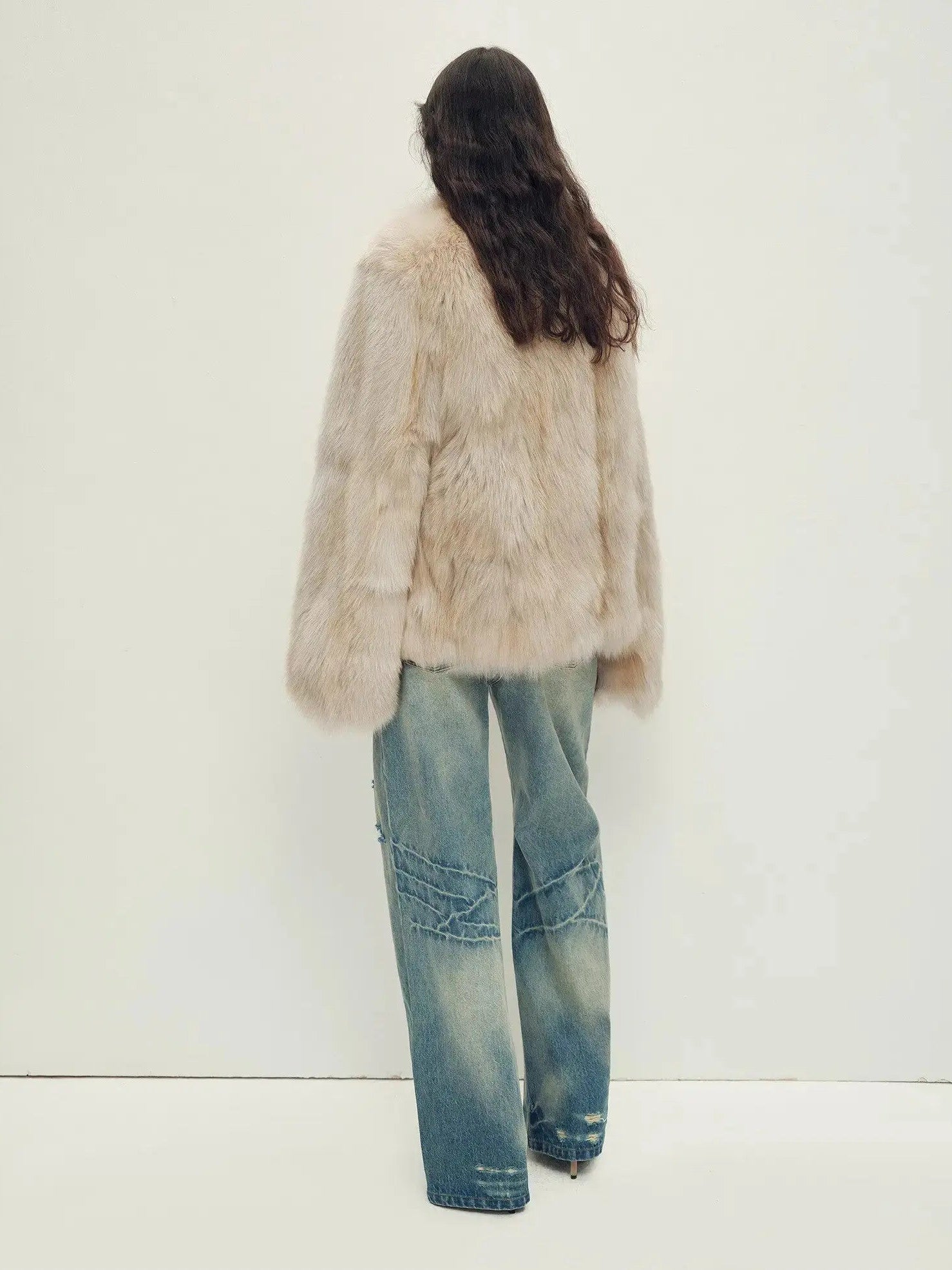 Polar Snow Light Beige fox fur coat, back model view