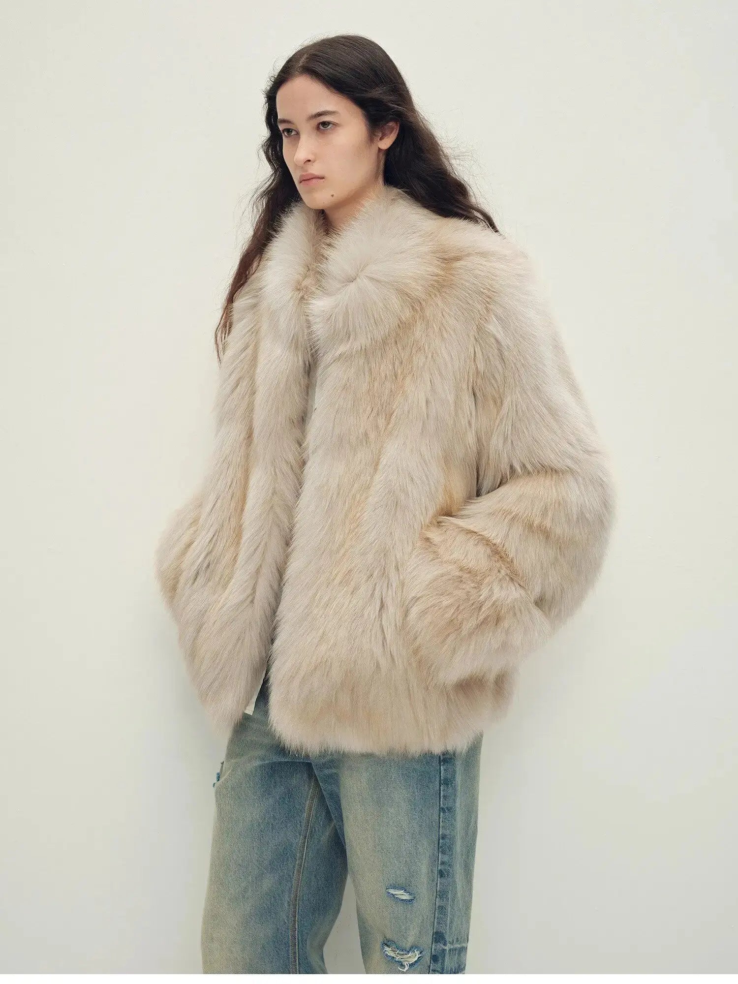 Polar Snow Light Beige fox fur coat, three-quarter model view