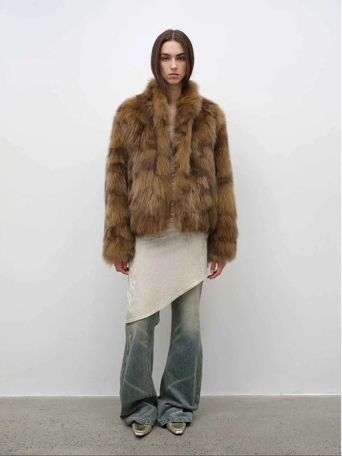 Polar Snow Mocha Brown fox fur coat, full-length model view