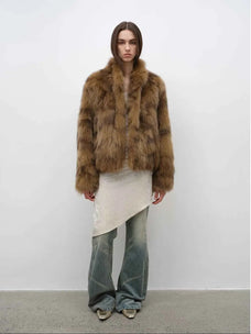 Polar Snow Mocha Brown fox fur coat, full-length model view