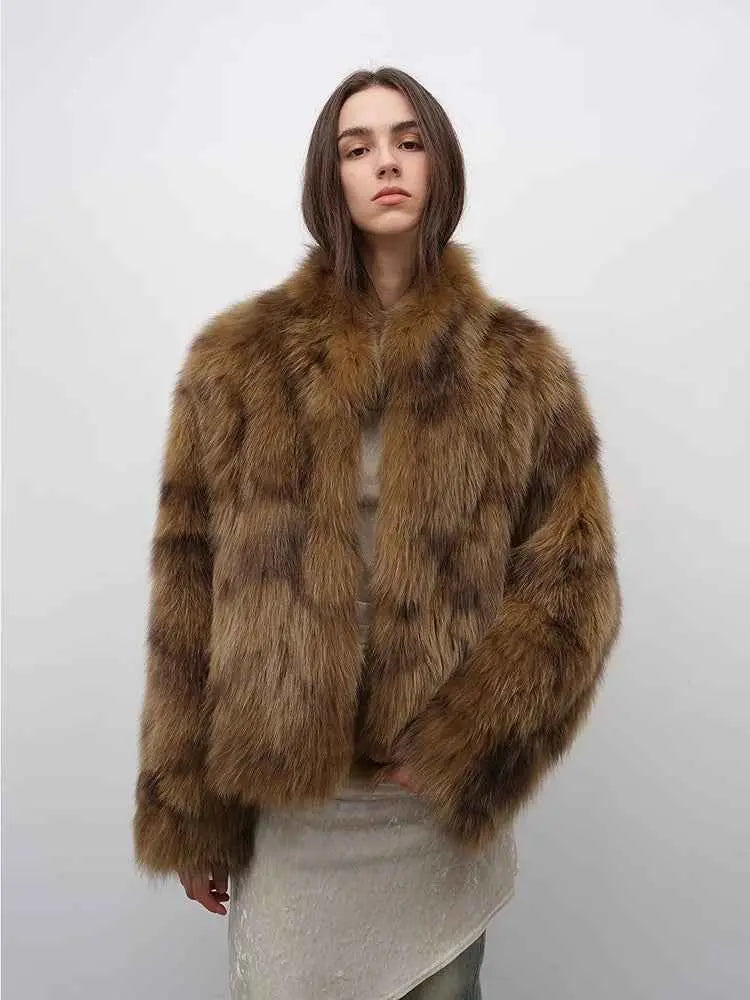 Model wearing Polar Snow Mocha Brown fox fur coat, front view