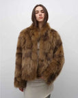 Model wearing Polar Snow Mocha Brown fox fur coat, front view