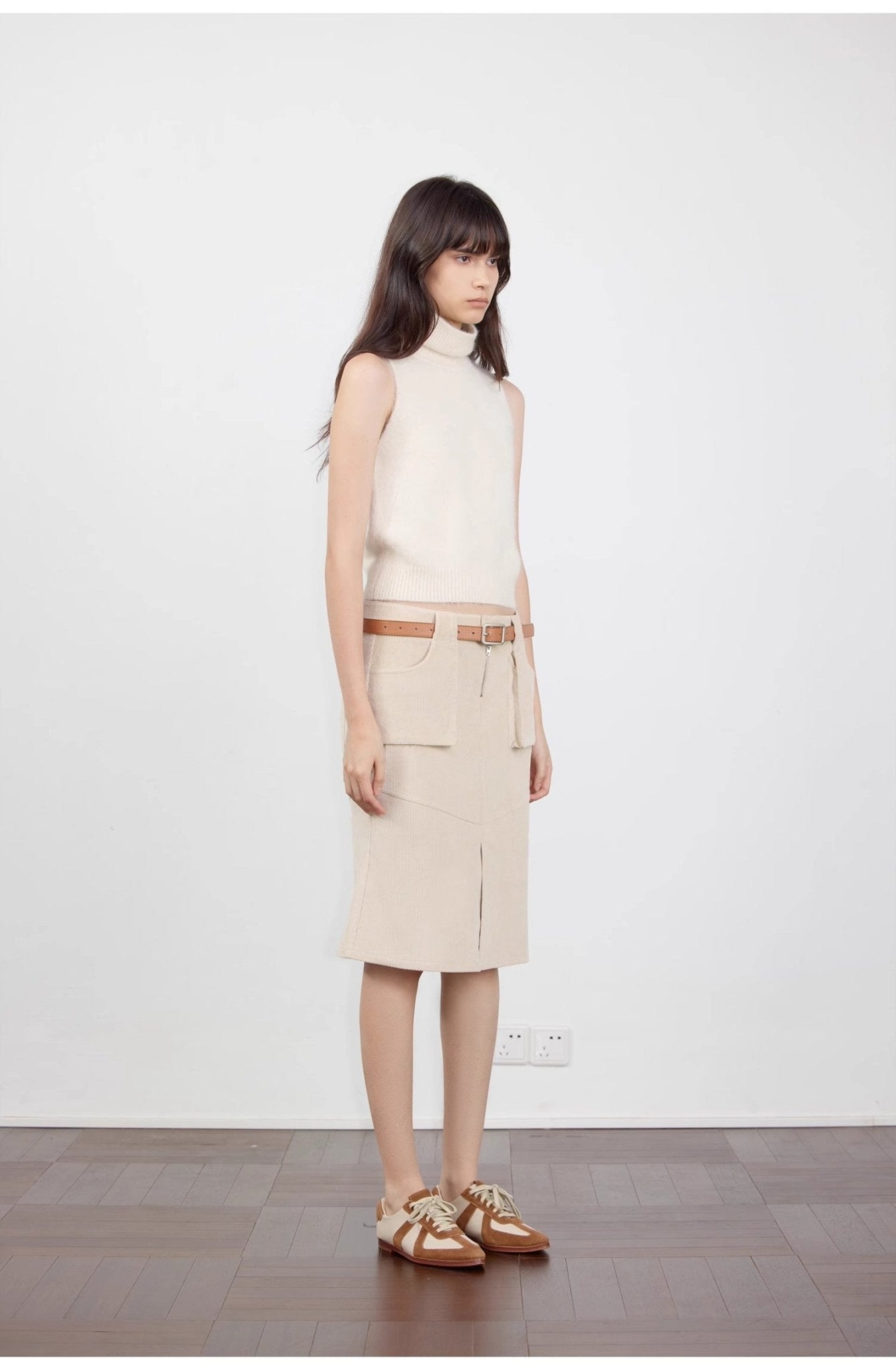 "Postcard Memory" Retro corduroy design front slit workwear fishtail skirt - variant_title