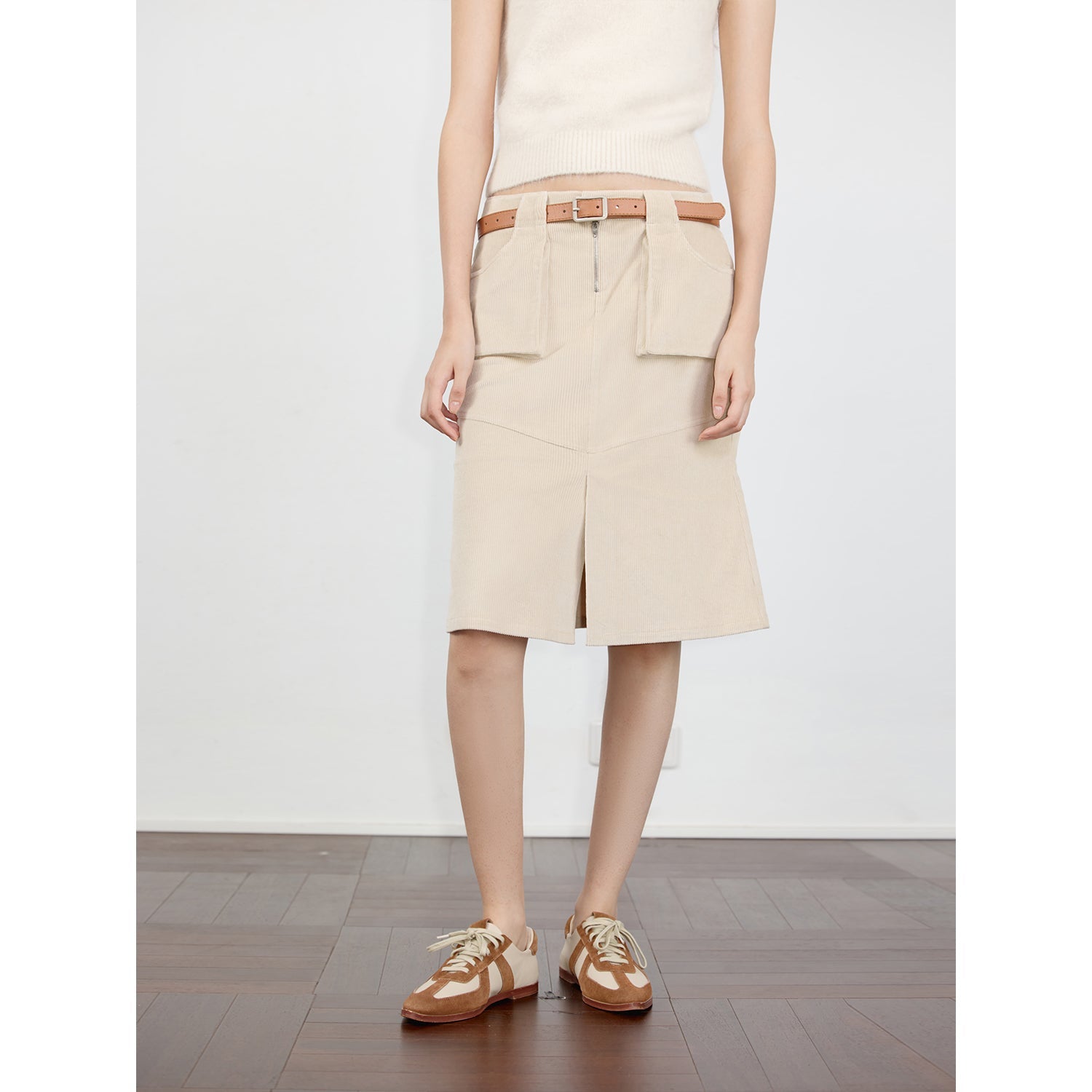 "Postcard Memory" Retro corduroy design front slit workwear fishtail skirt - variant_title