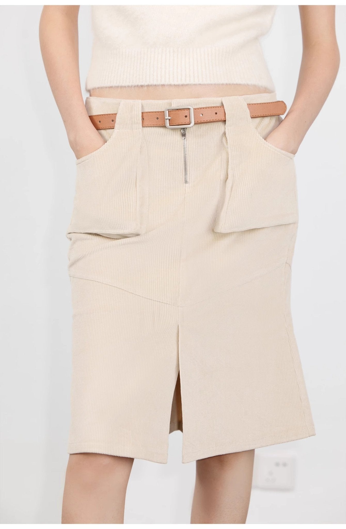 "Postcard Memory" Retro corduroy design front slit workwear fishtail skirt - variant_title