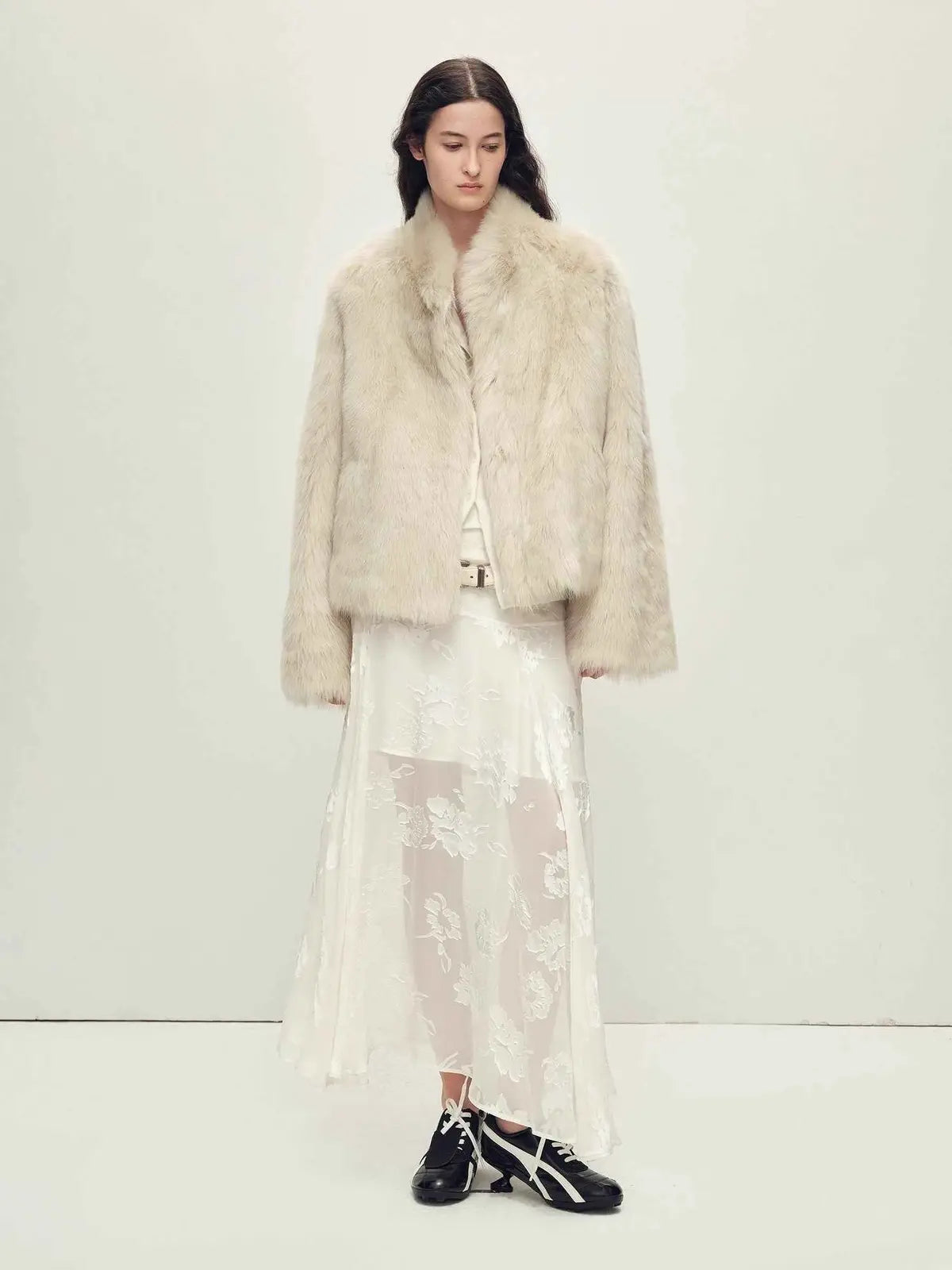 Elegant styling of the Practical Wearism cream white Toscana sheepskin coat