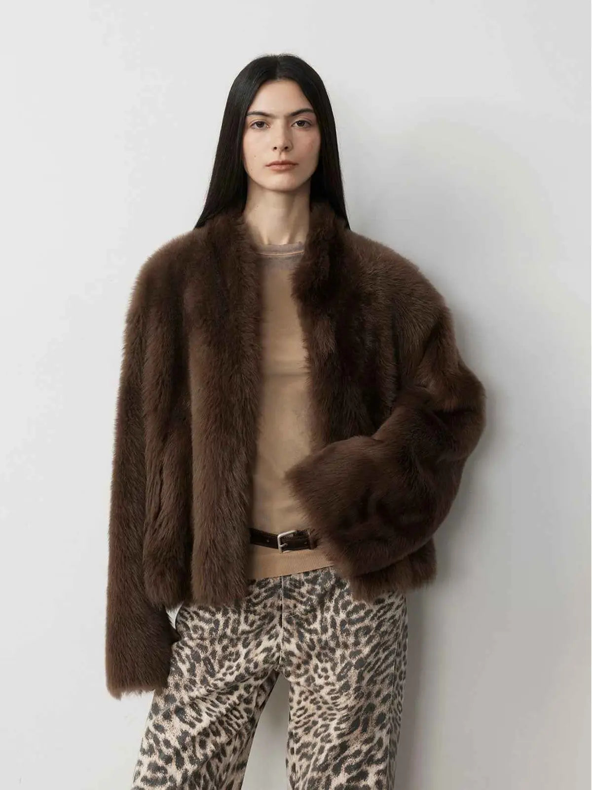Model wearing the Practical Wearism mocha brown Toscana sheepskin coat, front view