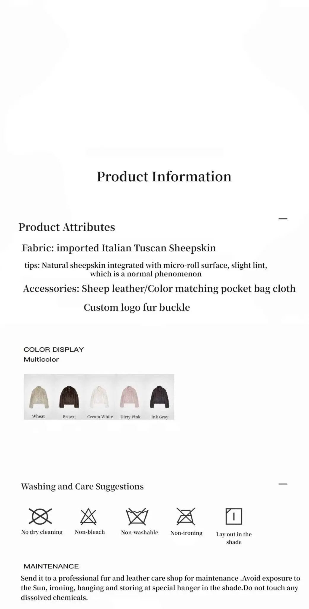 Practical Wearism Toscana sheepskin coat product and care information