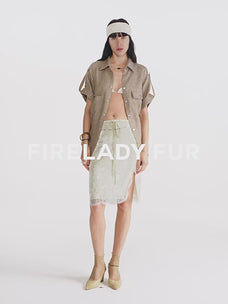"Lingering Soft Light" Paneled Irregular Lace Straight-Cut Split Skirt