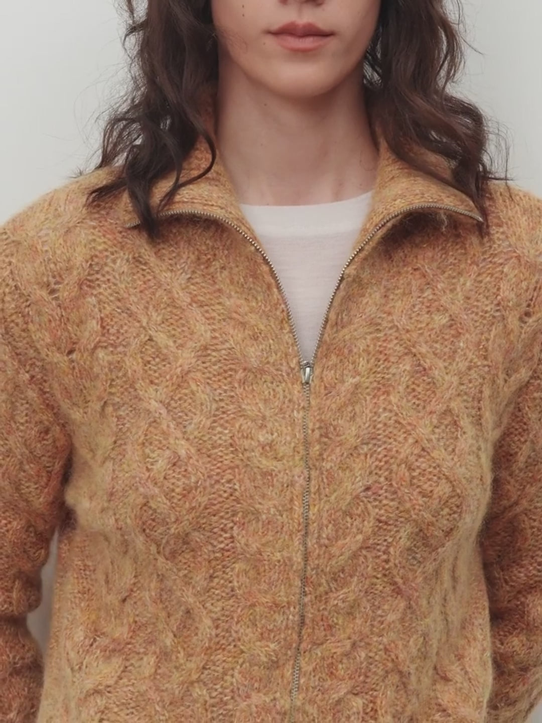 Vintage warm flower pattern basic top mohair wool cable blend zipper knit cardigan "Romantic Cable"