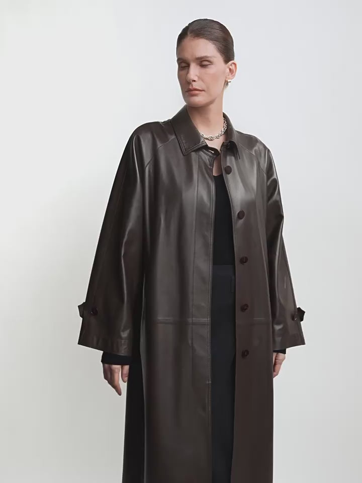THE ARTM Women's Lambskin Leather Trench Coat - Long A-Line Raglan Sleeve Jacket