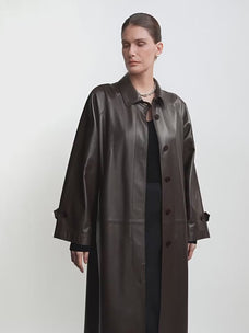 THE ARTM Women's Lambskin Leather Trench Coat - Long A-Line Raglan Sleeve Jacket