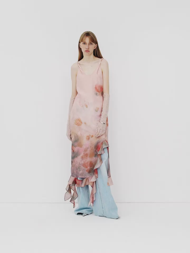 Acetate Mulberry Silk V-Neck Ruffled Draped Twist Strap Summer Dress "Rosy Ombre"