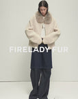Firelady Fur Women's Merino Shearling Coat | Layered Patch-Dyed Raccoon Fur Collar“Hokkaido Melody”
