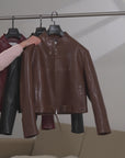 Retro Sheepskin Stand Collar Short Motorcycle Jacket “Caramel Mountain”