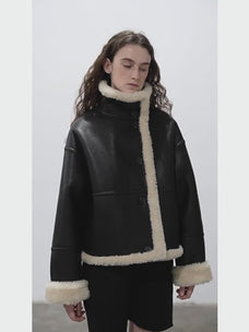 Fireladyfur Women's Faux Leather Shearling Jacket - Long Reversible Wool Coat Christmas Elk Design