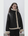 Fireladyfur Women's Faux Leather Shearling Jacket - Long Reversible Wool Coat Christmas Elk Design