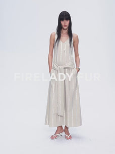 Silver Striped Linen V-Neck Drape Dress"Milan Holiday"