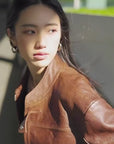 Retro Sheepskin Stand Collar Short Motorcycle Jacket “Caramel Mountain”