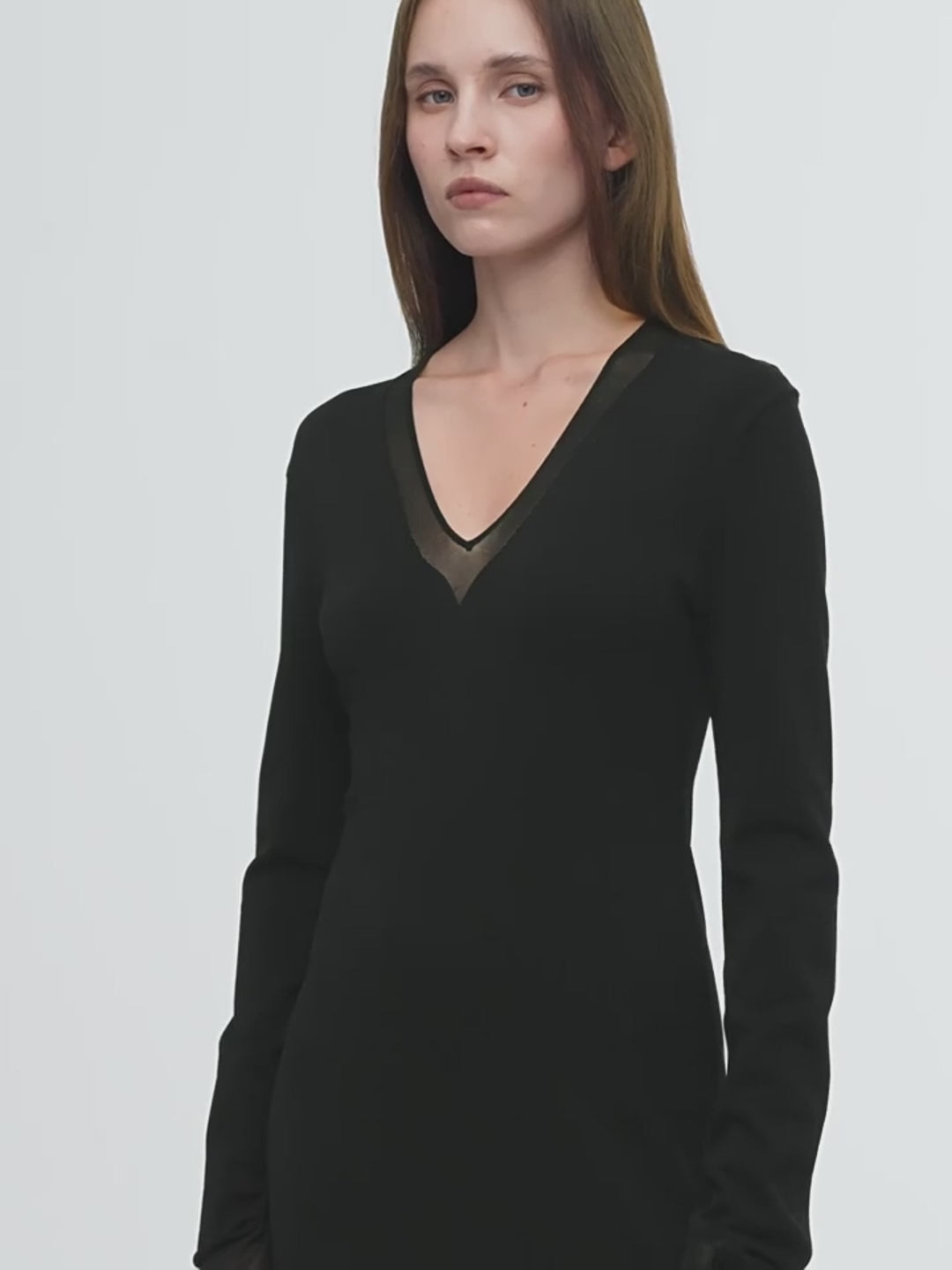 Elegant and intellectual triacetate Tencel blended skin-friendly transparent splicing design V-neck dress
