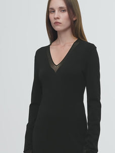 Elegant and intellectual triacetate Tencel blended skin-friendly transparent splicing design V-neck dress