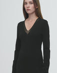 Elegant and intellectual triacetate Tencel blended skin-friendly transparent splicing design V-neck dress