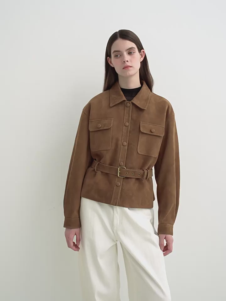 Letrans Women’s Cropped Suede Safari Jacket with Belt, Top-Grain Lambskin“Twilight Knight“