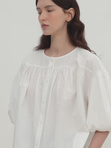 "Romantic Line Drawing" Pure Cotton Slightly Wrinkled Puff Sleeve Short Top for Women