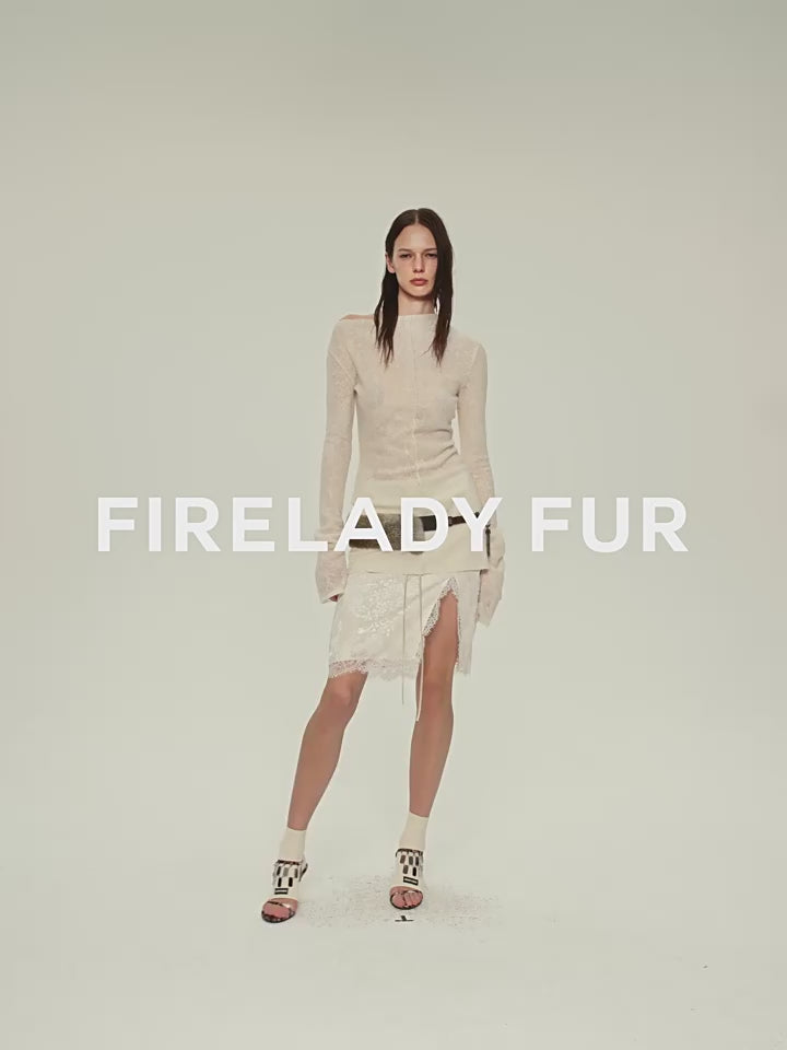 Wool blended texture velvet jacquard oblique shoulder knitted bottoming shirt for women in autumn "Morning Mist White"